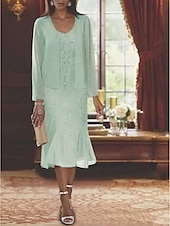 voordelige Met Jas-Strand Bruiloft Twee Delige Zeemeermin Moeder van de Bruid Jurk Formele Bruiloft Gast Elegante Luxe V Hals Thee Lengte Chiffon Mouwloos Wikkel Inclusief met Beading Pailletten 2025 gratis op maat