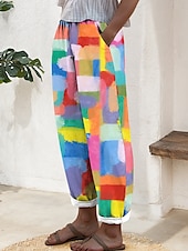cheap Straight-Leg Pants-Women&#039;s Cotton Linen Pants Baggy Pants Linen Like Fashion Casual Full Length Mid Waist Floral Graphic Print Breathable Outdoor Comfortable Micro-elastic Daily Wear Rainbow Summer Spring Loose Fit
