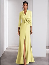 cheap BLUE-Blue A-Line Evening Gown Elegant Dress Formal Wedding Floor Length Long Sleeve Shirt Collar Stretch Crepe with Slit Shouder Flower 2025