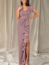 preiswerte Bodenlänge-Meerjungfrau  Trompeten Brautmutter Kleid Hochzeitsgast Eleganter V-Ausschnitt Bodenlang Chiffon Spitze Cap Ärmeln mit Spitzen Rüschen Applikationen
