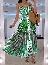 cheap Boho Dress-Women&#039;s Maxi Dress A Line Dress Slip Dress Vacation Casual Boho Going out Beach Regular Fit Floral Graphic Feather Sleeveless V Neck Blue Orange Green Rose Pink Summer Spring
