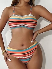olcso Bikiniszettek-Női Fürdőruha Bikini Három darab Fürdőruha Fringe Hem Hawaii Strandruházat Csíkos U-alakú Rövid ujjú Fürdőruhák