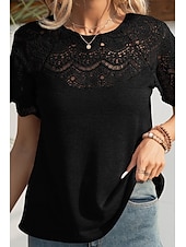 abordables Hauts en dentelle-Femmes Chemisier Hauts en dentelle Uni Occasionnel Manche Courte Col ras du cou Hauts Réguliers Quotidien Fête Sortir Dentelle Noir Blanche Violet Été