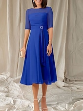 abordables Longueur du thé-Robe Mère de la Mariée A-Line Invité de Mariage Élégante Col Ras du Cou Longueur Thé Chiffon Manches Mi-longues avec Sash  Ruban Robe Midi Froncée