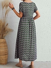 tanie Sukienka w paski i geometryczna-Damskie Sukienka maxi Sukienka A line Letnie sukienki Codzienny Codzienny Regularny Graficzny Geometryczny Krótki rękaw W serek Czarny Wino Czerwony Zielony Lato