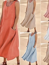 abordables Robes-Femmes Robe Midi Robes en coton et lin Robe en coton et lin Mode Classique Vacances Sortir Week-end Coupe régulière Uni Sans manches Col ras du cou Blanche Rose Claire Orange Kaki Été