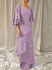 economico Lunghezza del pavimento-Abito Due Pezzi A-Line Madre della Sposa Ospite Matrimonio Elegante Inclusa Fascia V Collo Lunghezza del Pavimento Chiffon Manica Mezza Fascia Inclusa con Volant