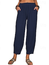 baratos Calça de linho de algodão simples-Mulheres Calças de linho de algodão Calças Roupa de rua Casual Comprimento total Natural Tecido Bolsos Cintura elástica Confortável Para Noite Final de semana Vinho Cinzento Preto Branco Verão Normal
