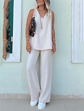 preiswerte Blusenanzüge für Damen-Damen Aktiv Basic Baumwoll-Leinen-Sets Bluse Hosen-Sets Ärmellos V Ausschnitt Einfarbig Täglich Alltagstauglich Wein Königsblau Beige Sommer Normale Passform