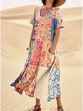 economico Abito Floreale-Per donna Abito maxi Abito a Tubino Abito a trapezio Vacanza Casual Boho Uscire Vestibilità standard Floreale Grafico Senza Maniche Collo a U Bianco Rosso Blu Arancione Estate Primavera