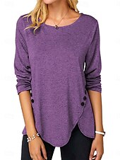 baratos Blusas Simples Femininas-Mulheres Blusa Tecido à moda Casual Manga Longa Gola Redonda Tops regulares Diário Botões Branco Azul Céu Roxo Marron Verão Primavera