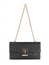 preiswerte Umhängetaschen-Damen-Umhängetasche aus gewebtem Stroh mit goldenem Kettenriemen – elegante Sommer-Clutch für Strand-, Urlaubs- und Resort-Outfits