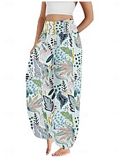 economico Pantaloni in cotone e lino con grafica-Per donna Pantaloni ispirati al lino Gamba larga Pantaloni Stile Etnico Casual Boho Lunghezza intera Vita Alta Floreale Foglia Tropicale Tasca Elastico in vita Stampa Traspirabilità Morbido