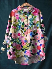 billige Blomstrete topper-Dame Skjorte Blomstret Elegant Bohem Stilfull Langermet Crew-hals Vanlige topper Daglig Ferie Strand Klær Knapper Trykt mønster Blå Fuksia Grønn Beige Lyseblå Sommer Vår