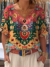 billige Boho t-skjorte-Dame T skjorte Grafisk Geometrisk Fargeblokk Bohem Årgang Tropisk Kortermet V-hals Vanlige topper Daglig Helg Trykt mønster Gul Oransje Sommer Vår