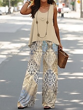 preiswerte Zweiteilige Sets-Frauen Hosen Sets Urlaub Täglich Ärmellos U-Ausschnitt Grafisch Geometrisch Leger Täglich Blau Grün Khaki Sommer Regelmäßiger Schnitt