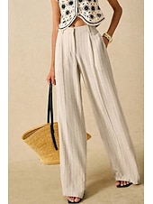 abordables Pantalon uni en coton et lin-Femmes Pantalon en coton et lin Slacks Mode Streetwear Longueur complète Naturel Rayé Avec Poches Confortable Sortir Week-end Abricot Été Coupe régulière