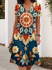 ieftine Rochii boho-Pentru femei Rochie Mini Rochii Tricou Rochie A line Rochie de vară Casual Zilnic Fit regulat Floral Grafic Tribal Manșon scurt În V Albastru piscină Vară