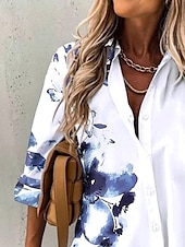 tanie Kwiatowe topy-Damskie Koszula Ombre Kwiaty Graficzny Codzienny Długi rękaw Kołnierzyk koszuli Zwykłe topy Praca Codzienny Guziki Nadruk Dżinsowy niebieski Biały Khaki Lato Wiosna Jesień