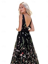 levne Plesové šaty-A-line quinceanera šaty elegantní šaty svatební šaty pro svatební hosty dlouhé šaty bez rukávů výstřih do V polyester bez zad s květinovým potiskem kde jsou sklady