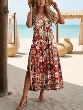cheap Boho Dress-Women&#039;s Maxi Dress Casual Dress T Shirt Dress Tee Dress Sundress Shift Dress Bohemia Party Holiday Beach Loose Fit Floral Vintage Bohemian Short Sleeve Crew Neck Maroon Aqua Blue Summer Spring