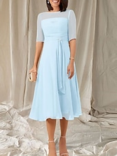 abordables Longueur du thé-Robe Mère de la Mariée A-Line Invité de Mariage Élégante Col Ras du Cou Longueur Thé Chiffon Manches Mi-longues avec Sash  Ruban Robe Midi Froncée