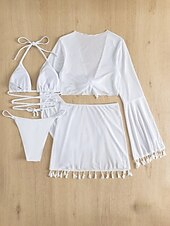 billiga Bikiniset-Kvinnors baddräkter bikini kjol baddräkt rygglös smal frans semester strandkläder enhetlig färg halterneck långärmad baddräkt