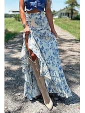 abordables Jupes graphiques-Femmes Jupe Bohème Occasionnel Boho Maxi Taille Basse Jupes Fleuri Imprimé Fendu Micro-Élastique Rue Sortir Beige Été Polyester
