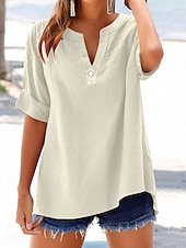 voordelige Overhemden-Dames Blouse Effen Basic Casual Korte mouw Gekerfde nek Normale tops Dagelijks Knop Zak Rood blauw Paars Beige Zomer Lente
