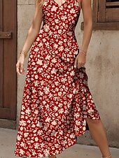 preiswerte Blumenkleider-Damen Maxikleid A Linie Kleid Sommerkleid Unterkleid Elegant Urlaub Lässig Normale Passform Blumen Grafik Ärmellos V Ausschnitt Spaghettiträger Rote Blau Purpur Grün Sommer Frühling