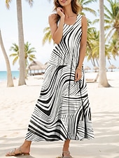cheap Stripe&amp;Geometric Dress-Women&#039;s Midi Dress Sundress A Line Dress Off The Shoulder Dress Vacation Casual Form Fit Graphic Geometric Abstract Sleeveless U Neck Scoop Neck Black And White Summer
