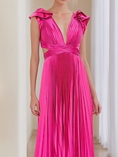 baratos Rosa-Vestido rosa choque, corte A, vestido de noite, vestido plissado, formal, casamento, comprimento até o chão, sem mangas, decote profundo, cetim com babados, 2025