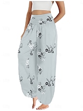 billiga Grafisk linnebyxa i bomull-Dam Linneinspirerade byxor Brett skaft Byxor Etnisk Stil Ledigt Boho Fullängd Hög midja Blommig Löv Tropisk Ficka Elastisk midja Tryck Mateial som andas Mjuk Microelastisk Utomhus Yoga Vit Blå Beige
