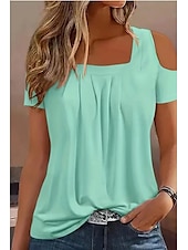 abordables T-shirt uni-Femmes Chemisier Uni Moderne Occasionnel Manche Courte Col carré Hauts Réguliers Fête Sortir Froncé Bleu Vert Été