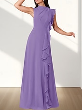 baratos Vestidos para Madrinhas-Vestido de dama de honra em corte A, decote redondo, sem mangas, elegante, longo, chiffon com babados / franzido 2025