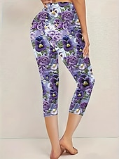 tanie wzór kwiatowy-Legginsy damskie Capri Spodnie Wysoka Elastyczność Wakacyjna Vintage Moda Długość łydek Wysoki stan Motyw graficzny Kwiatu Oddychające Miękkie Rozciągliwe Formalne Wakacje Biuro Fioletowe