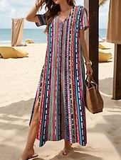 cheap Stripe&amp;Geometric Dress-Women&#039;s Maxi Dress T Shirt Dress Tee Dress Sundress Shift Dress Summer Dress Bohemia Holiday Regular Fit Graphic Stripe Abstract Short Sleeve Crew Neck Rainbow Summer Spring