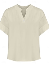 voordelige Overhemden-Dames Blouse Effen Basic Casual Korte mouw Gekerfde nek Normale tops Dagelijks Knop Zak Rood blauw Paars Beige Zomer Lente