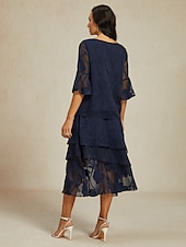 cheap Dressy Tops-Women&#039;s Lace Shirt Blouse Dressy Tops Chiffon Tops Solid Color Elegant Stylish Basic 3/4 Length Sleeve Bell Sleeve Boat Neck Regular Tops Wedding Guest Work Daily Asymmetric Hem Navy Blue Summer