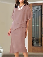economico Lunghezza del tè-Abito A-Line per la madre della sposa Ospite di nozze Elegante Taglie forti Collo a gioiello Lunghezza tè Chiffon Maniche corte con rouches 2025 taglia personalizzata gratuita