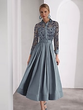 cheap Cocktail Dresses-Blue Green Embroidered A-Line Cocktail Dresses Elegant Formal Wedding Guest Ankle Length Long Sleeve Shirt Collar Satin with Glitter Slit 2025