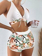 preiswerte Bikini-Sets-Womens Badeanzüge Bikini 2 Teile Shorts Badeanzug Rückenfrei Schlank Urlaub Strandmode Floral Halterhals Ärmellos Badeanzüge