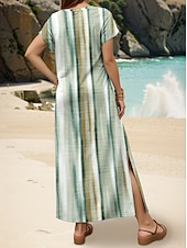 abordables Robes Tie and Dye et dégradé-Femmes Robe Midi Robe d&#039;Été Robe trapèze Robe d&#039;été Vacances Occasionnel Quotidien Coupe régulière Graphique Rayé Abstrait Manche Courte Col en V Vert Été Printemps