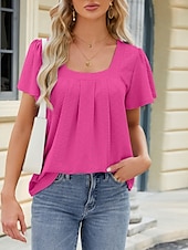 ieftine tricou simplu-Tricou pentru Femei Culoare Uniformă Grafică Simplă Modă Stilat Clasic Mâneci Scurte Gât Pătrat Ținute Zilnice Weekend Alb Roz Violet Fuchsia Vară Primăvară