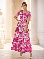 cheap Cocktail Dresses-Pink Yellow A-Line Cocktail Dresses Gown Formal Wedding Guest Floral Elegant Ankle Length Short Sleeve Illusion Neck Tulle with Embroidery Appliques 2025