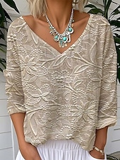 preiswerte Blumenoberteile-Damen Bluse Blumen Grafik Pflanzen Vintage Tropisch Stilvoll Dreiviertelarm V Ausschnitt Normale Oberteile Täglich Ausgehen Wochenende Silber Gold Khaki Sommer Frühling