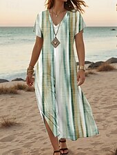 abordables Robes Tie and Dye et dégradé-Femmes Robe Midi Robe d&#039;Été Robe trapèze Robe d&#039;été Vacances Occasionnel Quotidien Coupe régulière Graphique Rayé Abstrait Manche Courte Col en V Vert Été Printemps