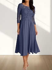 abordables Longueur du thé-Robe Mère de la Mariée A-Line Invité de Mariage Élégante Col Arrondi Longueur Thé Chiffon Manches 3/4 avec Plis Appliques Robe Midi 2025