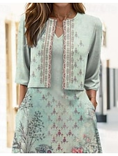 abordables Robe Fleurie-Ensemble de robe pour femmes Robe midi Robe évasée Fête Cocktail Imprimé floral Manches mi-longues Col en V Invité de mariage Quotidien Vert Été Printemps Coupe régulière