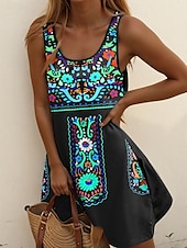 billiga Boho klänningar-Dam Mini klänning A linjeklänning Sommarklänning Off Shoulder Klänning Semester Ledigt Dagligen Normal Blommig Grafisk Stam Ärmlös U-hals Rubinrött Blå Grön Sommar